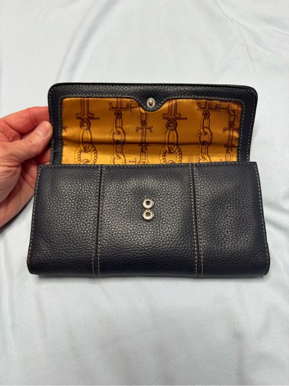 Tignanello Navy Pebbled Leather Wallet with Metal Logo Plaque